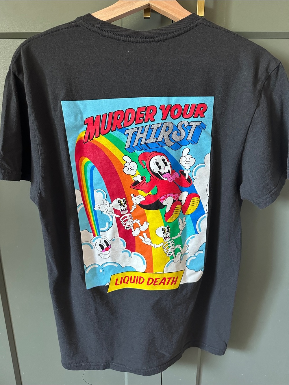 Liquid Death Black Short Sleeve Graphic Tee — Rainbow 'Murder Your Thirst' Print